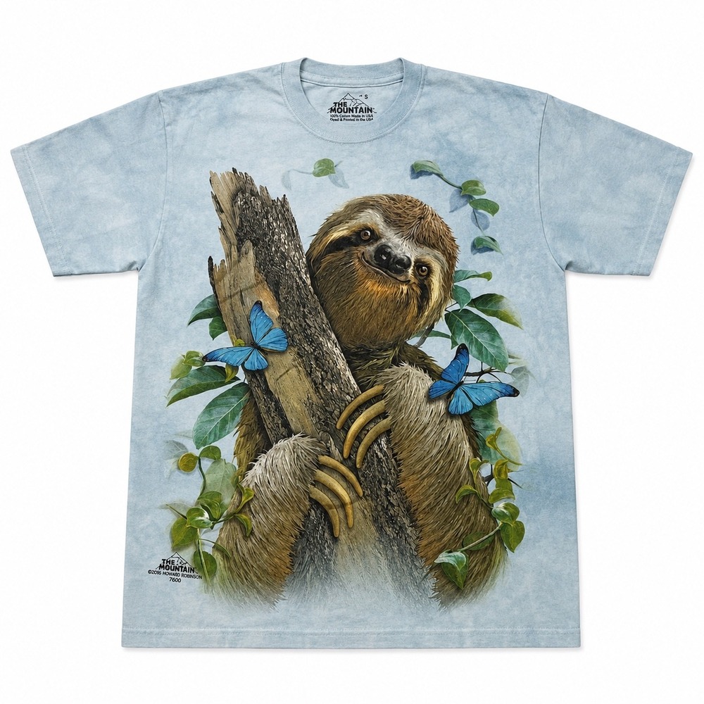 The Mountain 2016 Sloth Butterflies Graphic T-Shirt Blue Tie Dye Mens Small